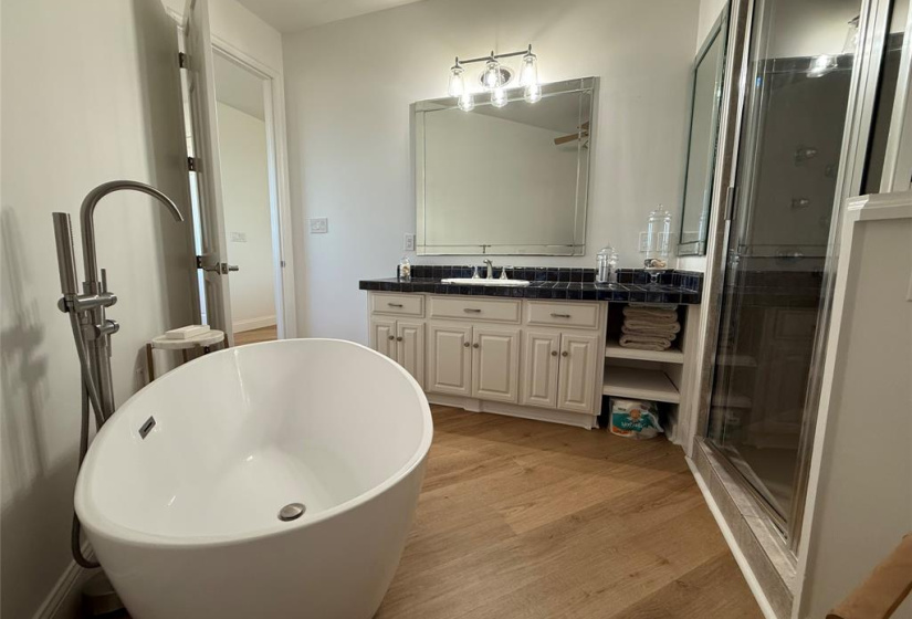 This bathroom features a modern freestanding bathtub, a spacious glass-enclosed shower, and a vanity with ample storage.