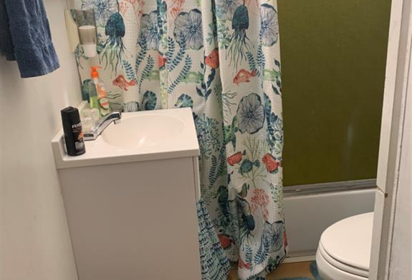 The bathroom has a shower.